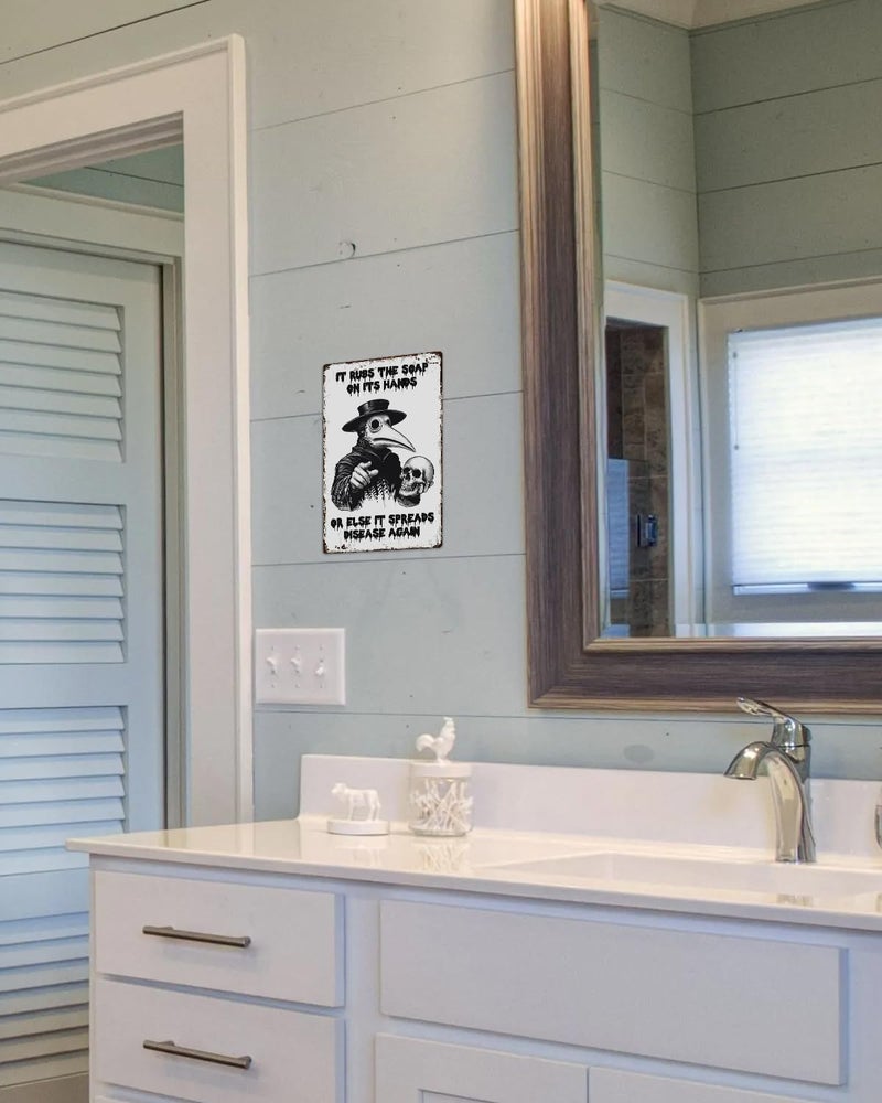 ALKB Plague Doctor Bathroom Sign 8x12” – Gothic Wall Decor – “It Rubs the Soap on Its Hands…” – Dark Humor Handwashing Reminder, Novelty Gift - Image 2